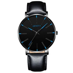 Orologio al quarzo Geneva con cinturino in pelle nera, quadrante nero e dettagli blu