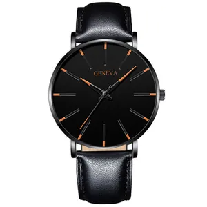 Orologio al quarzo minimalista da uomo con cinturino in pelle e indici arancioni