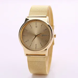 Elegant gold quartz watch with a brushed dial and Milanese mesh metal bracelet for men and women