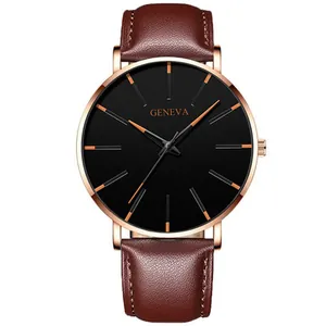 Orologio al quarzo Geneva da uomo con quadrante nero e cinturino in pelle marrone