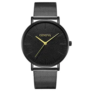 Close-up of Geneva black quartz watch featuring a gold-tone handset and milanese mesh strap