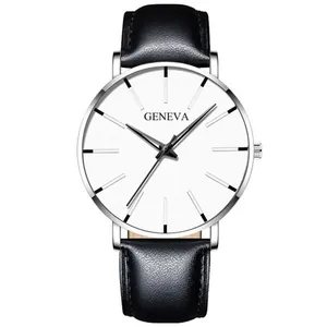 Orologio al quarzo Geneva minimalista con cassa argento, quadrante bianco e pelle nera
