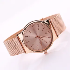 Fashionable rose gold ladies quartz watch with Milanese mesh strap and numeric dial