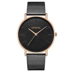 Close-up of Geneva quartz watch with black textured dial and rose gold metal case