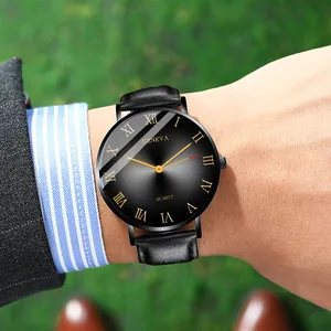 Classic men's business quartz watch with black leather strap and Roman numerals