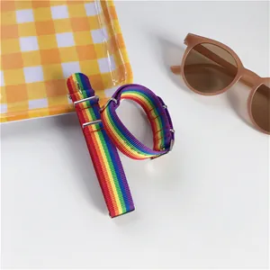 Vue détaillée du bracelet de montre en nylon à rayures arc-en-ciel et boucle en argent