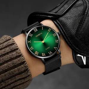 Classic men's quartz watch with green Roman numeral dial and black magnetic mesh band