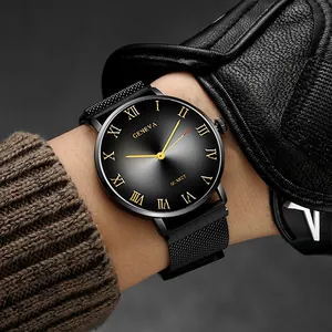 Classic men's quartz watch with black Roman numeral dial and Milanese mesh strap
