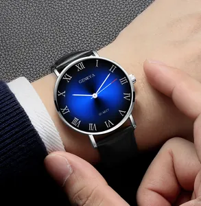 Men's Geneva quartz watch with blue gradient Roman dial and black leather strap on wrist