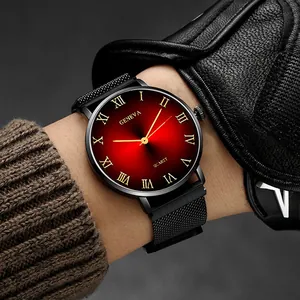 Classic men's quartz watch with red gradient dial, Roman numerals, and magnetic mesh band