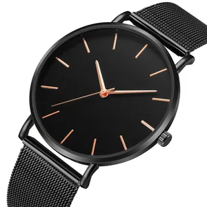 Detail view of a black minimalist quartz watch with rose gold indices and mesh band
