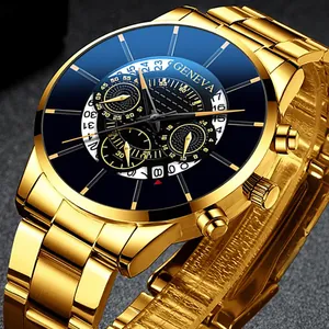 Détail de la montre à quartz dorée avec cadran bleu, guichet date et bracelet en métal