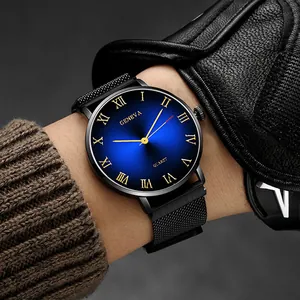 Classic men's blue sunburst quartz watch with Roman numerals and black mesh strap