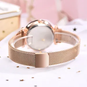 Rose gold starry quartz watch for women with stylish magnetic mesh strap and metal back view