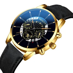 Dettaglio dell'orologio al quarzo Geneva con cassa dorata, quadrante nero e cinturino