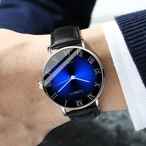 Men's business quartz watch with blue gradient sunray dial and black leather strap