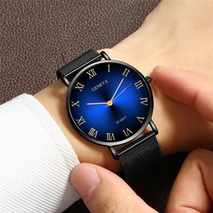 Men Fashion Gradient Dial Quartz Watch Milanese Stainless Steel Mesh Strap Roman Numeral Scale Business Casual Wristwatch