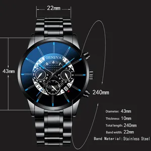Détails de la montre Geneva noire montrant le diamètre du cadran et le bracelet en acier