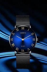 Detail of blue sunray dial with Roman numerals and black mesh strap on quartz watch