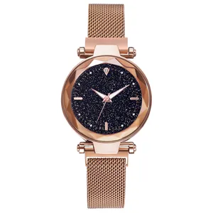 Women's rose gold starry sky watch with magnetic mesh strap and faceted glass dial