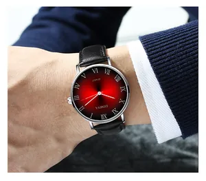 Macro view of Geneva men's quartz watch showing black and red gradient dial with roman numerals