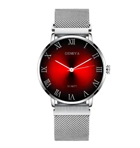 Detailed close-up of a silver Milanese mesh strap and black-red gradient roman dial watch