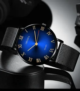 Business quartz watch with blue sunray dial and black Milanese mesh strap for men