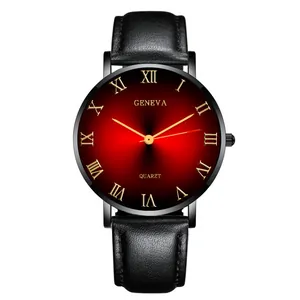 Detailed macro view of Geneva quartz watch with red gradient dial and Roman numerals