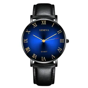 Macro detail of Geneva quartz watch featuring blue sunray dial and gold Roman numerals