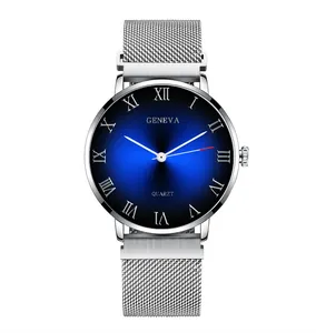 Front view of silver Milanese mesh strap watch with a gradient blue Roman dial