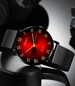 Business quartz watch with deep red sunray dial, roman numerals and black mesh band