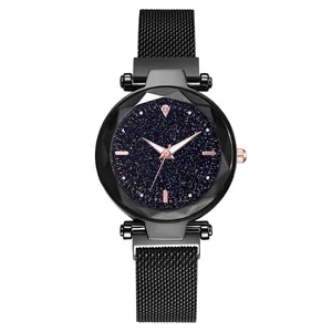 Women's starry sky watch with black magnetic mesh strap and faceted glass dial