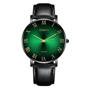 Detail of green sunburst gradient dial and golden Roman numerals on quartz watch