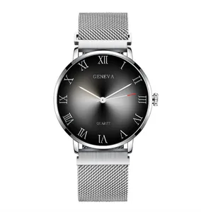Detailed shot of the black sunray dial with Roman numerals and silver mesh strap