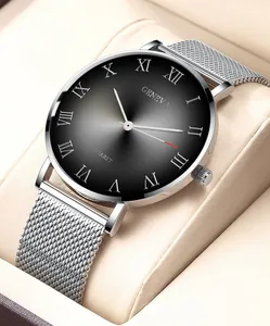 Business casual quartz watch with silver mesh strap and Roman numeral sunray dial