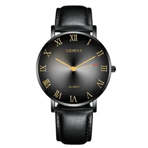 Classic men's Geneva quartz watch with black sunray dial and gold Roman numerals