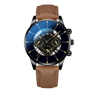 Orologio da uomo business al quarzo con cinturino in pelle marrone e quadrante in vetro blu