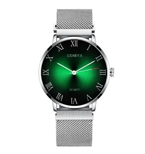 Detail of green sunray dial with Roman numerals and silver mesh strap on quartz watch
