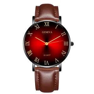 Detailed macro view of the Geneva men's business watch with a deep red gradient dial