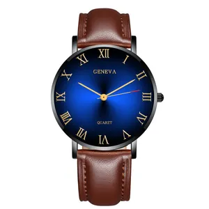 Macro view of blue gradient dial with Roman numerals and brown leather strap details