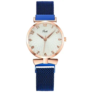 Elegant rose gold ladies watch with white dial and blue Milanese mesh band strap