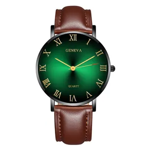 Detail of Geneva quartz watch featuring a green sunburst dial and brown leather strap