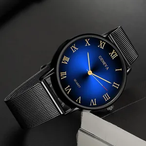 Men's business quartz watch with blue gradient sunray dial and black mesh band