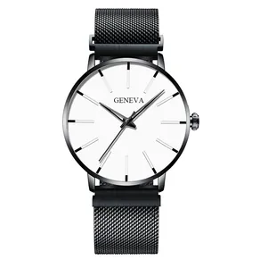 Montre à quartz Geneva minimaliste avec cadran blanc et bracelet en maille noire