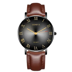 Close-up of Geneva men's business watch with brown leather strap and roman numeral dial