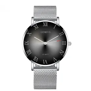 Men's business quartz watch with gradient black dial and silver mesh steel strap