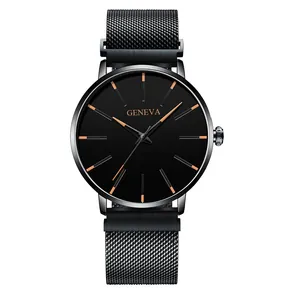 Montre d'affaires Geneva noire minimaliste avec détails or rose et bracelet en maille