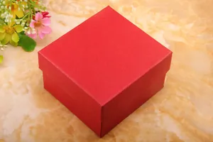 Detail view of the red textured cardboard gift box with a classic lid and base design