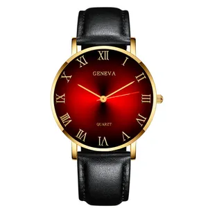 Business style quartz watch with red sunray dial, gold alloy case and black leather strap
