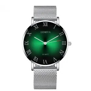 Men's silver mesh watch with a vibrant gradient green sunburst dial and Roman numerals